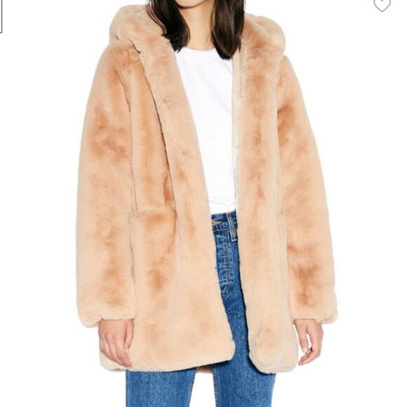 NWOT Women Apparis Maria Sand Faux Fur Mid Length Hooded Teddy Coat - Picture 1 of 14